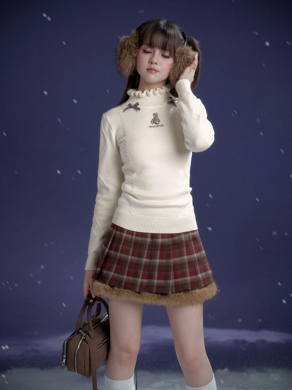Red Plaid Fluffy Trim Pleated Mini Skirt