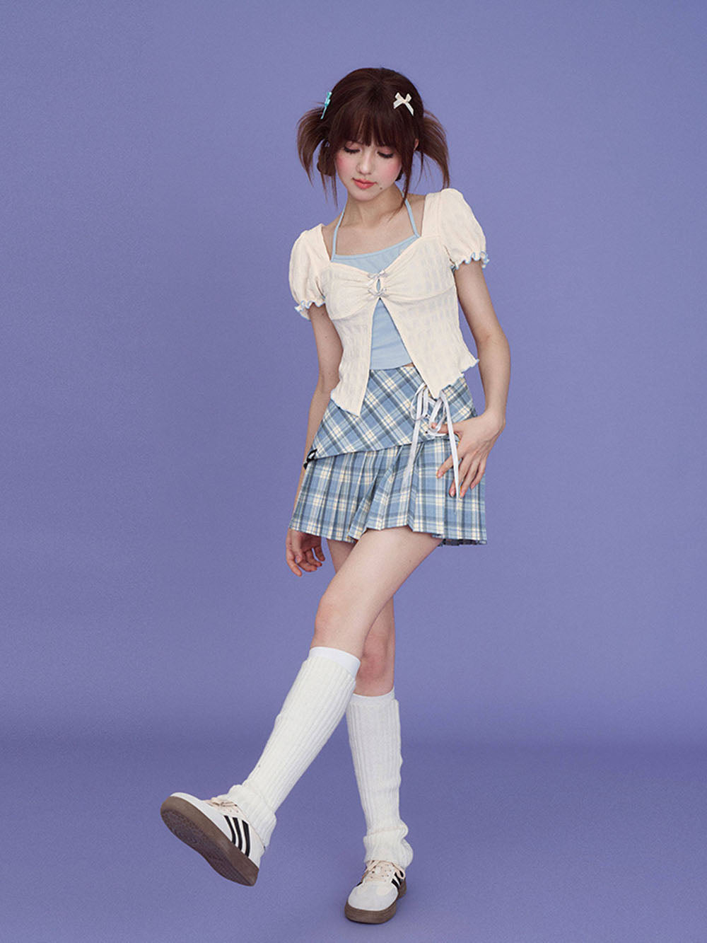 Blue Plaid Lace Up Pleated Skort