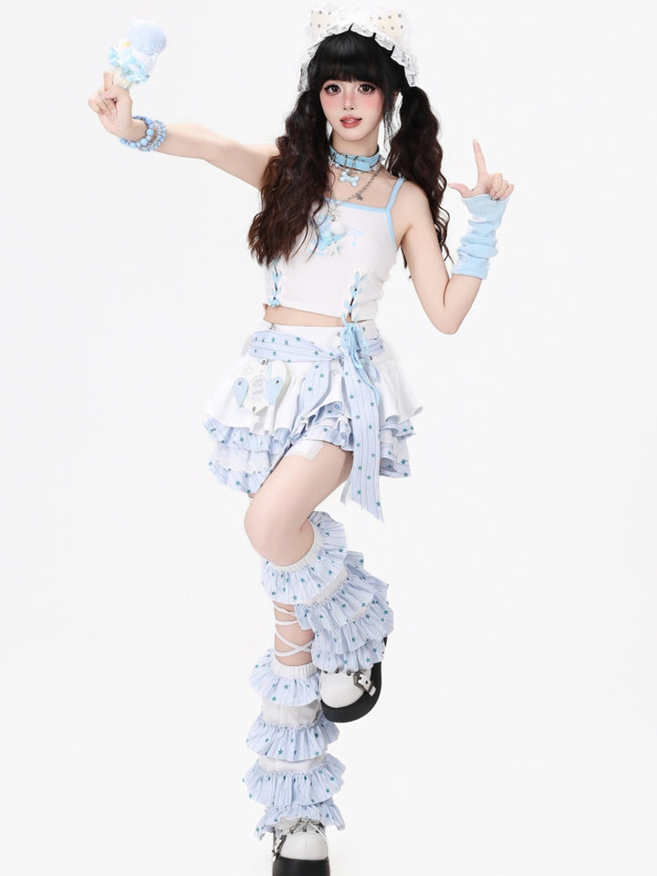 Star Print Ruffle Mini Skirt with Leg Warmers