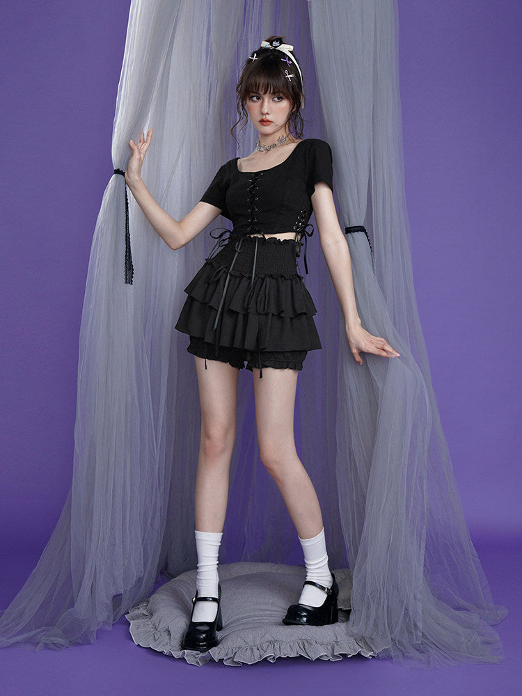 Black Smocked Waist Layered Ruffle Skort