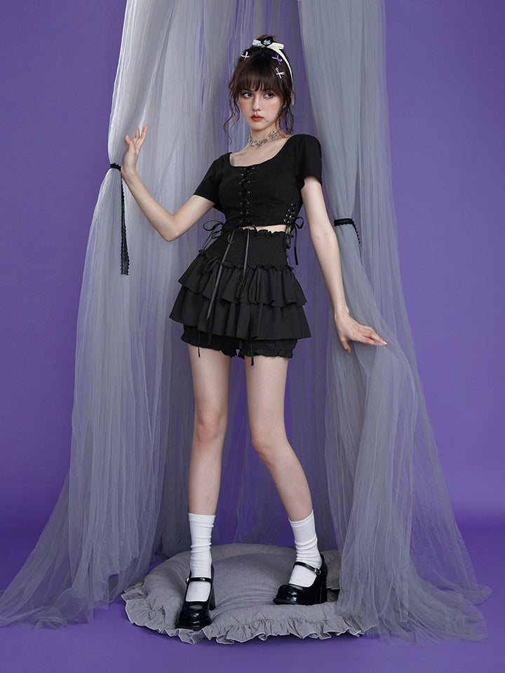 Black Smocked Waist Layered Ruffle Skort
