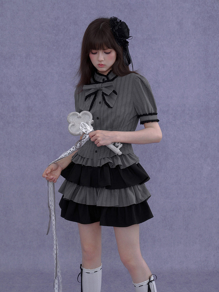 Pinstripe Tiered Ruffle Gothic Smock Dress