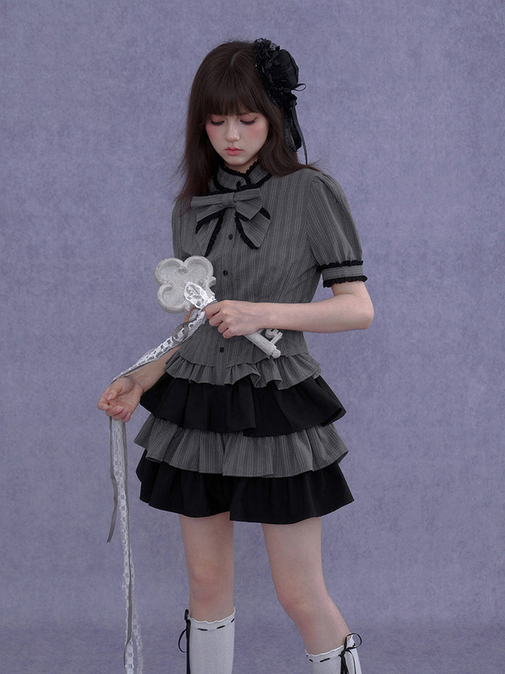 Pinstripe Tiered Ruffle Gothic Smock Dress