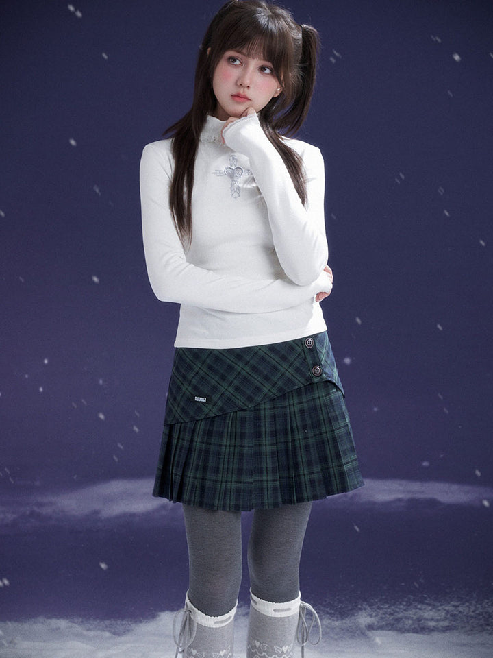 Dark Green Plaid Button Pleated Mini Skirt