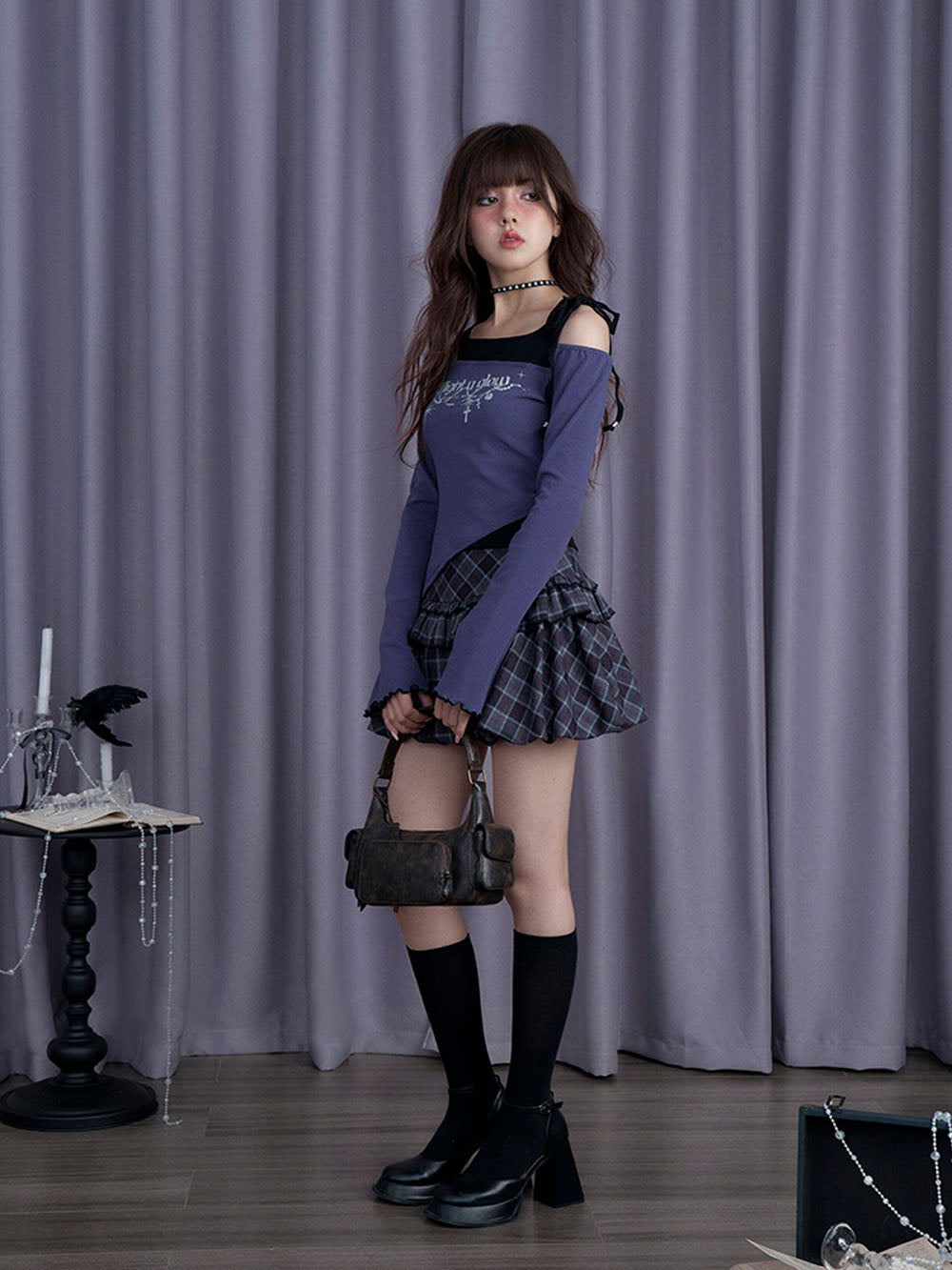 Blue Plaid Ruffle Bubble Mini Skirt