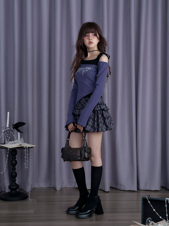 Blue Plaid Ruffle Bubble Mini Skirt