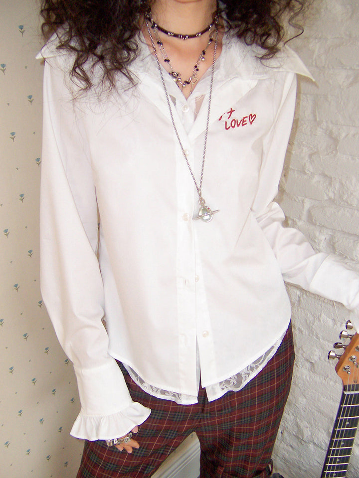 Love Embroidery Ruffle Cuff Button Blouse
