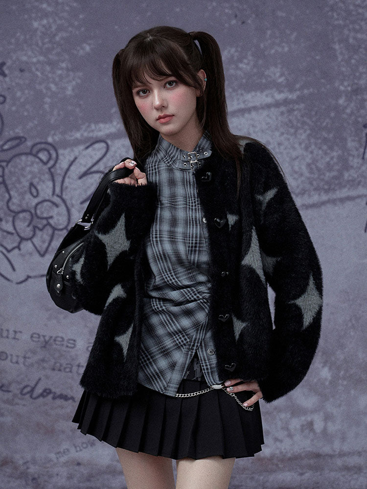 Grunge Asymmetric Plaid Buckle Neck Top