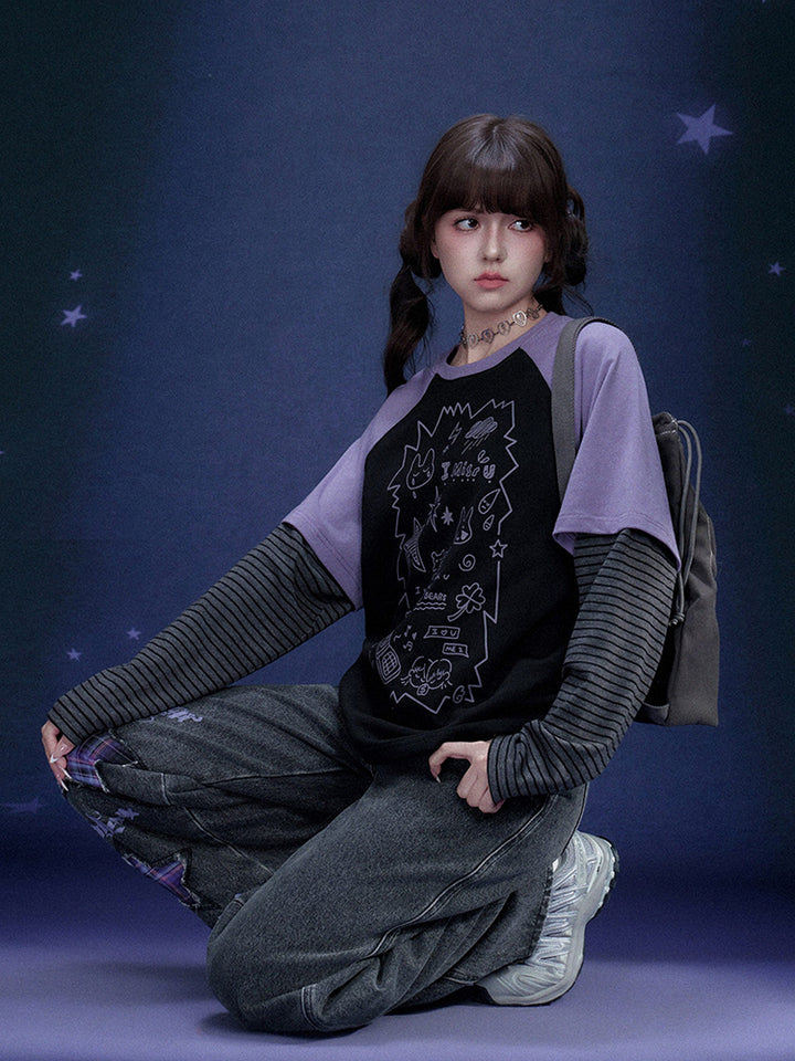 Black Purple Graffiti Print Faux Two Piece Top