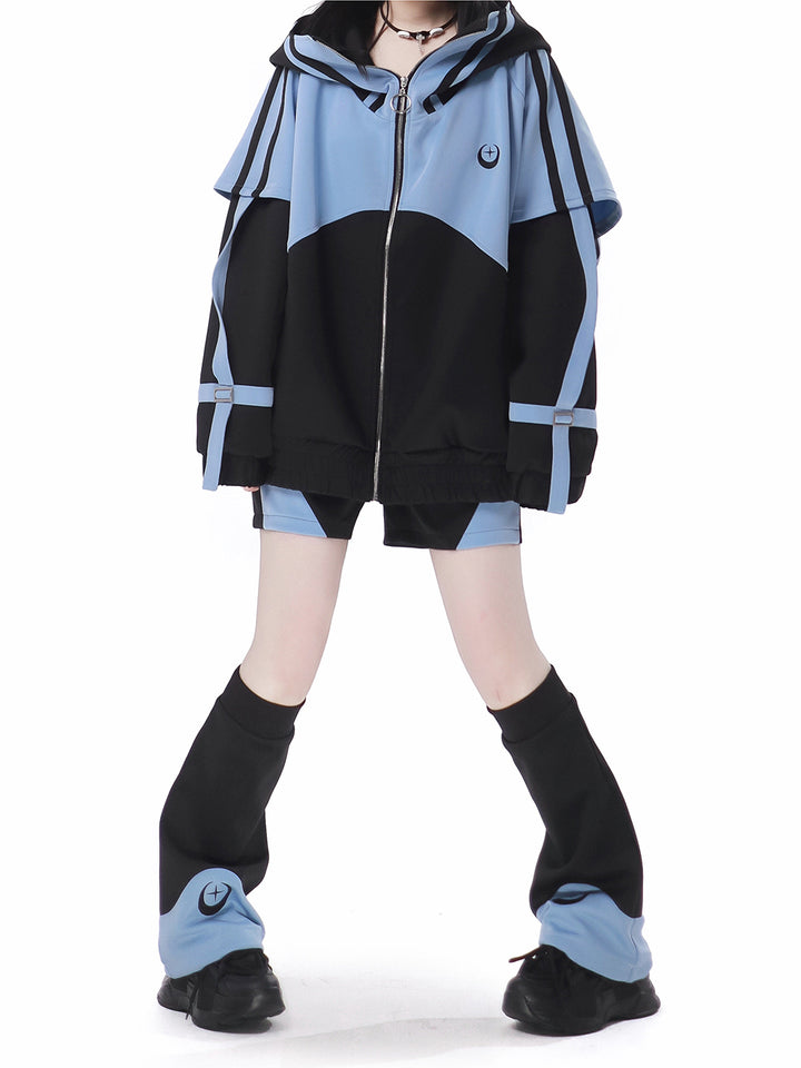 Cyber Y2K Color Block Jacket Shorts Pants Leg Warmers Headband