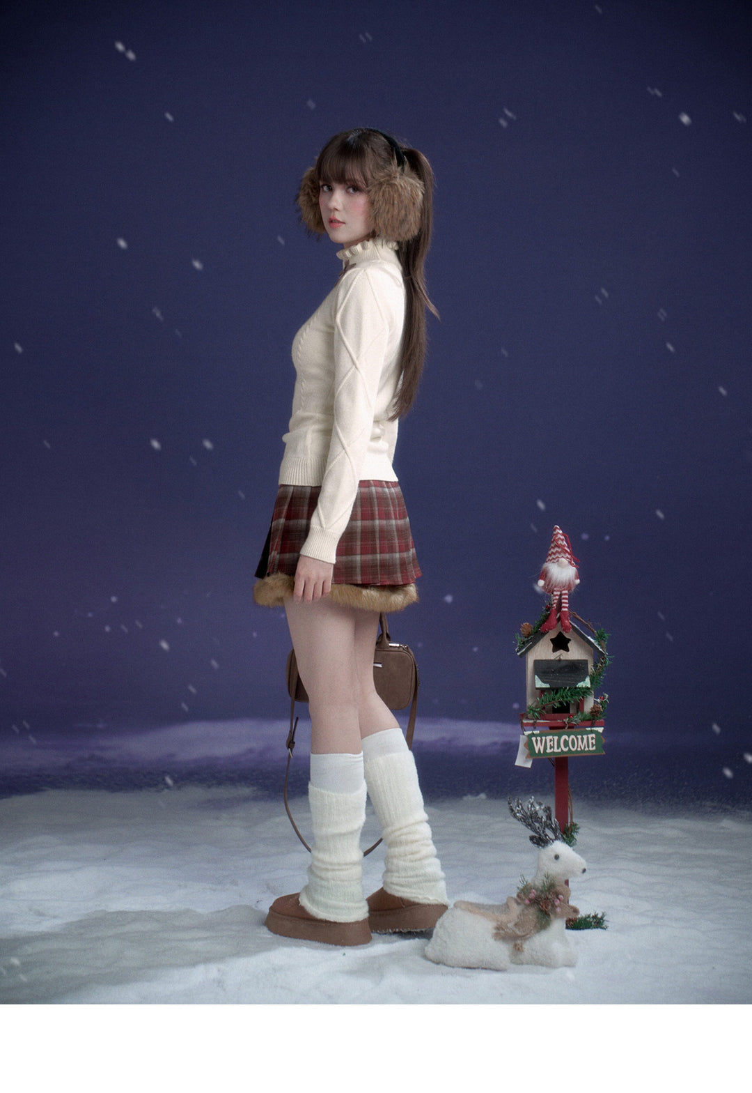 Red Plaid Fluffy Trim Pleated Mini Skirt