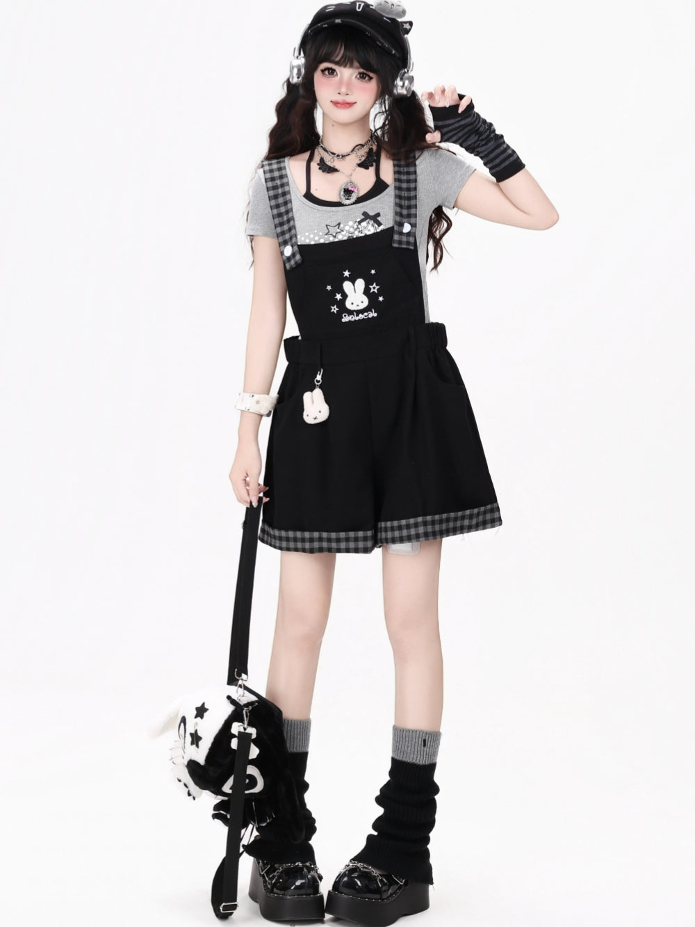 Bunny Plaid Trim Suspender Shorts