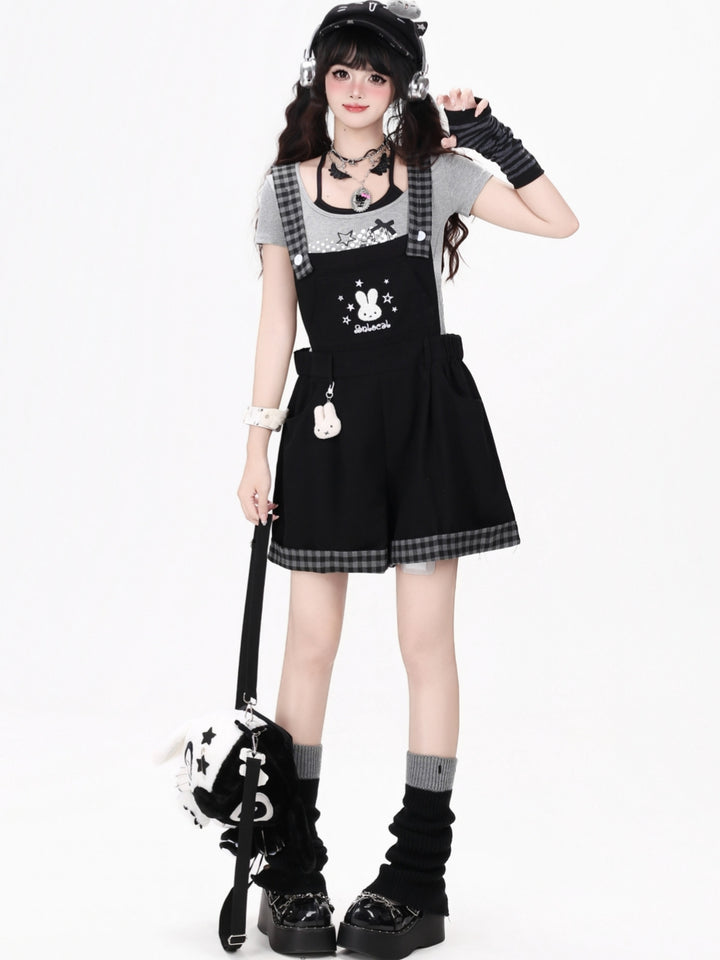 Bunny Plaid Trim Suspender Shorts