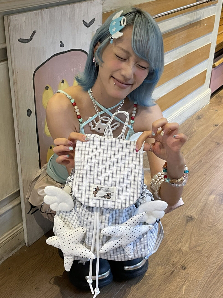 Angel Wings & Polka Dot Stars Grid Drawstring Backpack