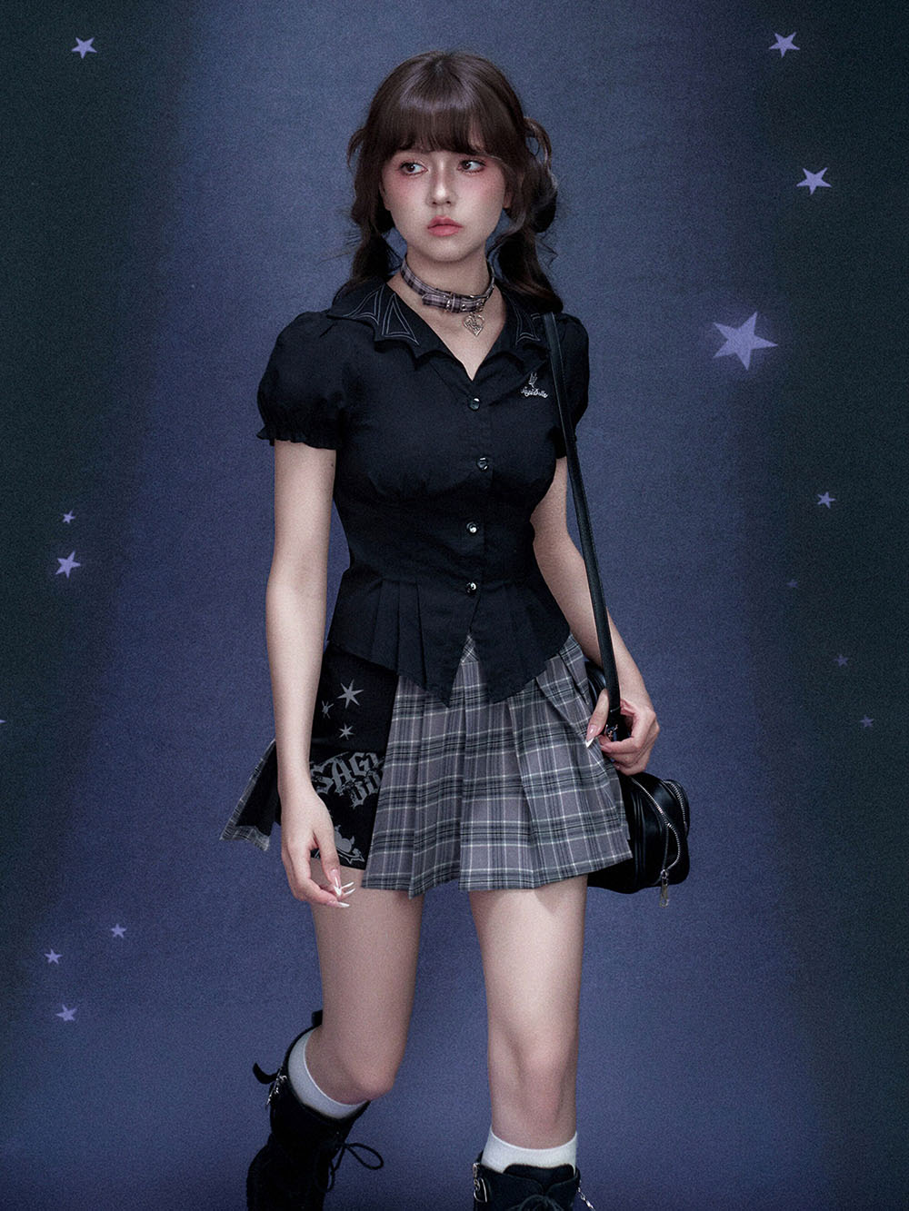 Gray Plaid Buckle Panel Pleated Mini Skirt