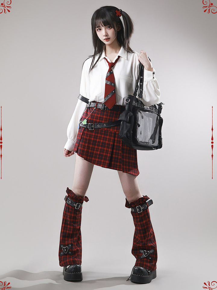 Punk Red Plaid Belted Skirt
