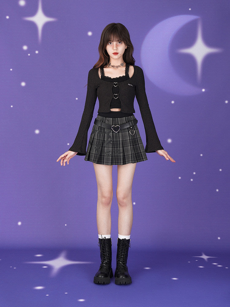 Gray Plaid Heart Belt Pleated Mini Skirt