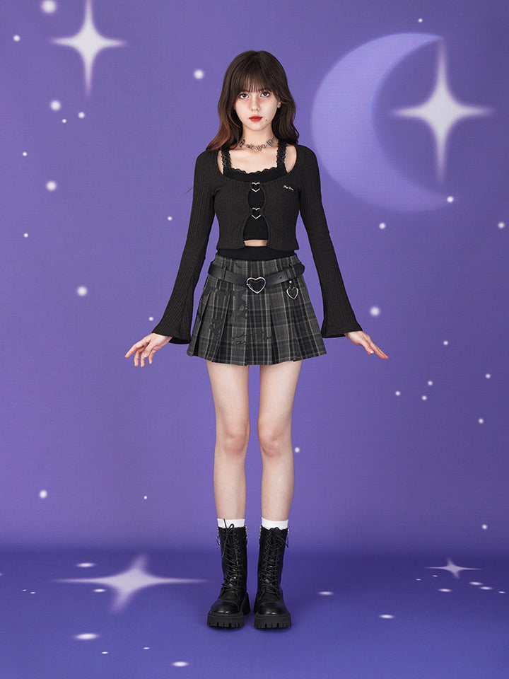 Gray Plaid Heart Belt Pleated Mini Skirt