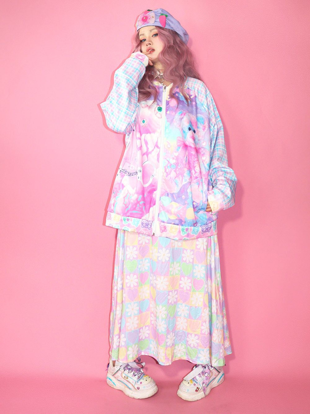 Pastel Teddy Bear Print Zip Jacket