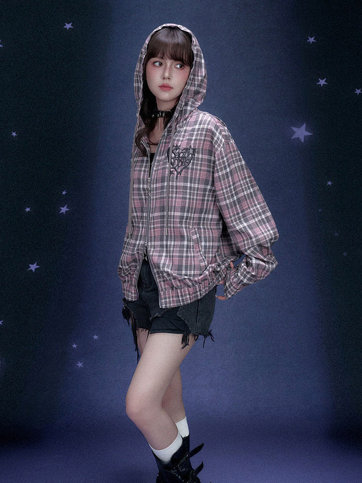 Jirai Plaid Star Zip Up Hoodie Jacket