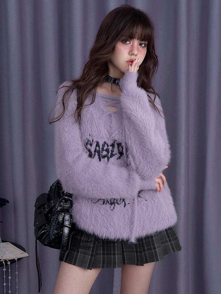 Purple V-Neck Decorative Tie Faux Mink Loose Sweater