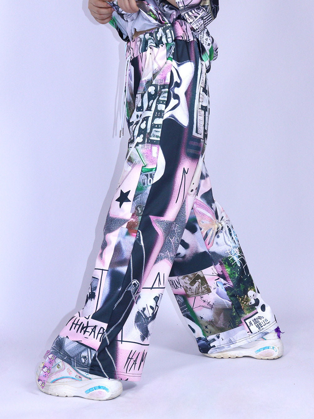 Black Pink Panda Graphic Wide Leg Pants