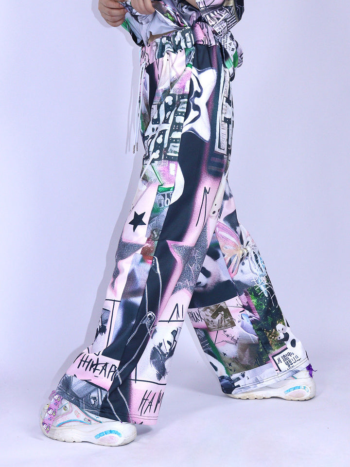 Black Pink Panda Graphic Wide Leg Pants