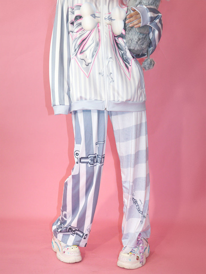 Grey Striped Bow Print Zip Jacket