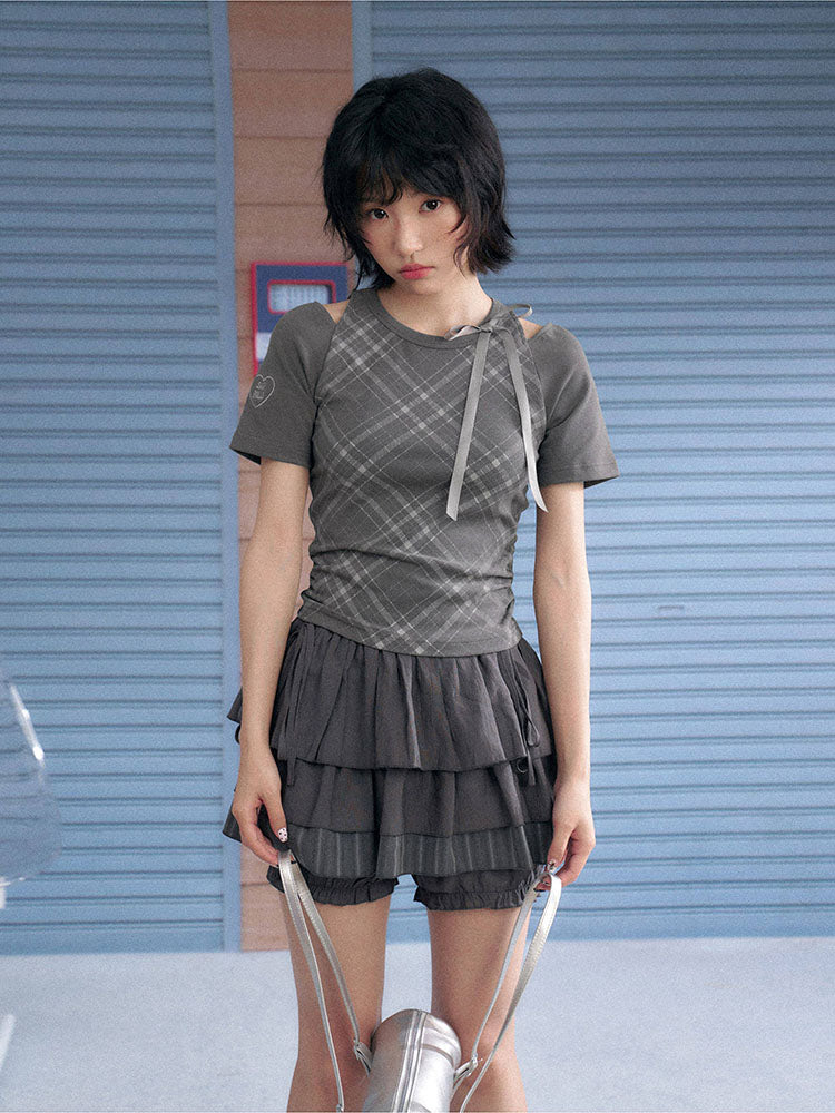 Gray Plaid Bow Cutout Ruched Tee