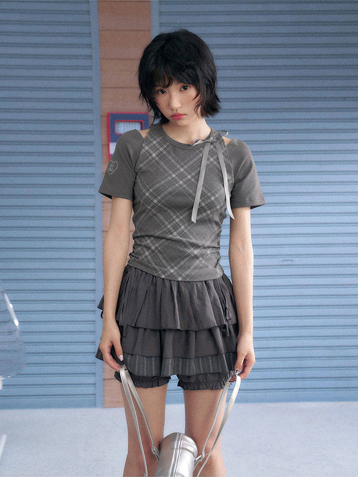 Gray Plaid Bow Cutout Ruched Tee