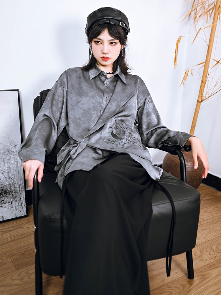 Chinese-style asymmetrical patchwork and embroidery shirt