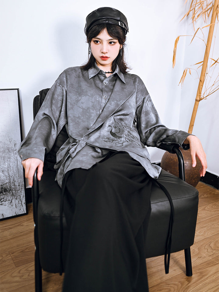 Chinese-style asymmetrical patchwork and embroidery shirt