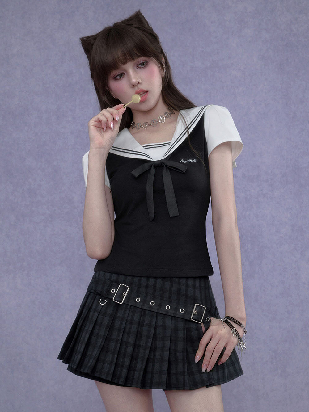 Black Plaid Double Buckle Pleated Mini Skirt