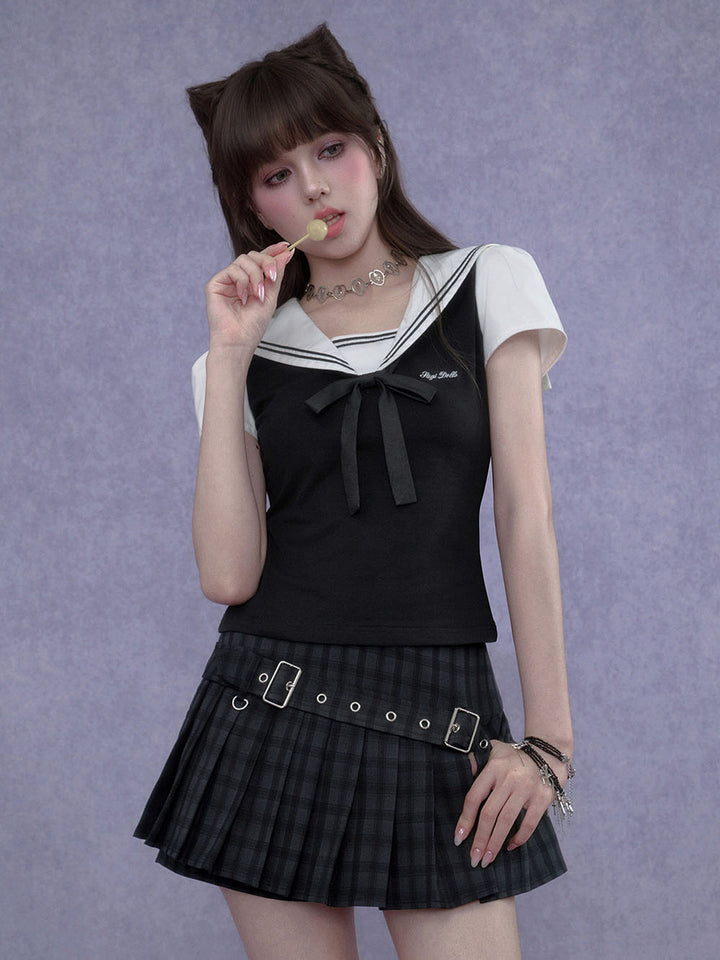 Black Plaid Double Buckle Pleated Mini Skirt