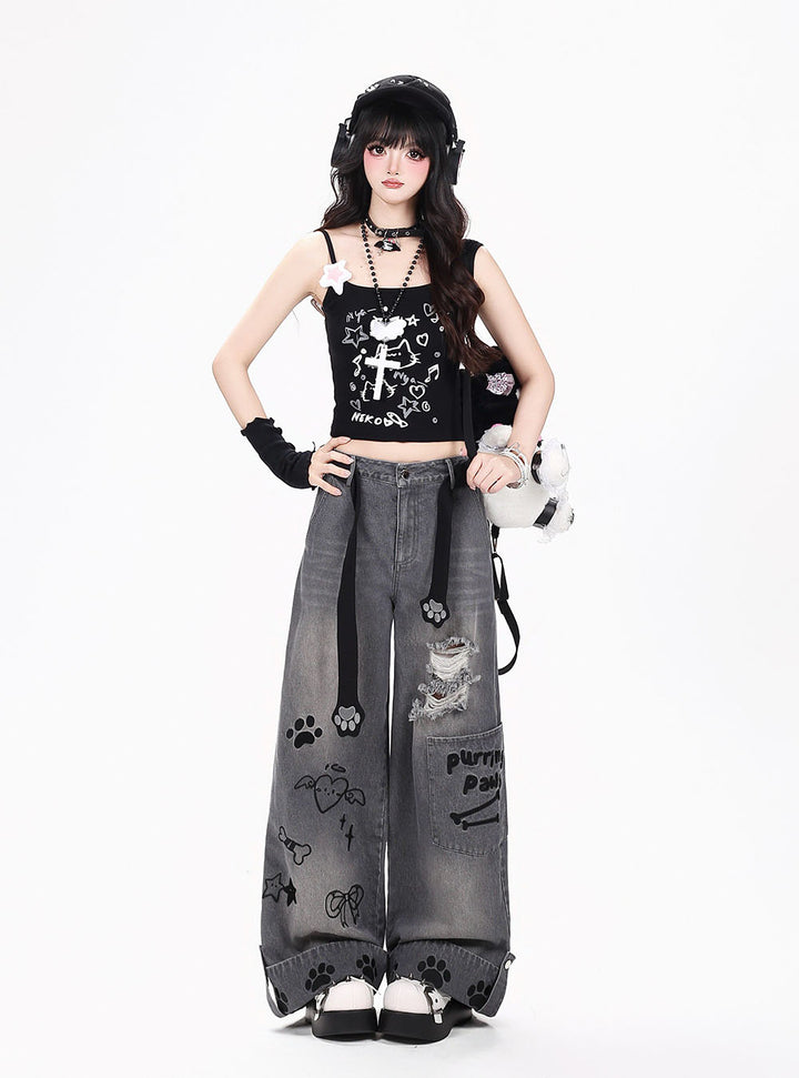 Purring Paws Distressed Plaid Cuff Wide Leg Jeans