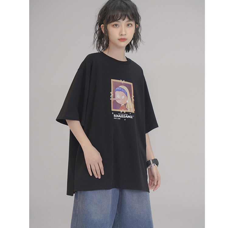 Oil Painting Letter Printed Loose Short Sleeve Summer T-shirt