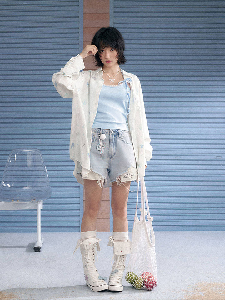 Oversized Subcul Marine Heart Pocket Long Sleeve Shirt