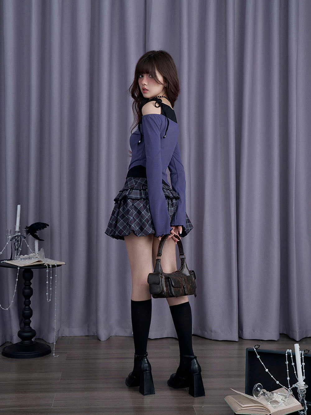 Blue Plaid Ruffle Bubble Mini Skirt