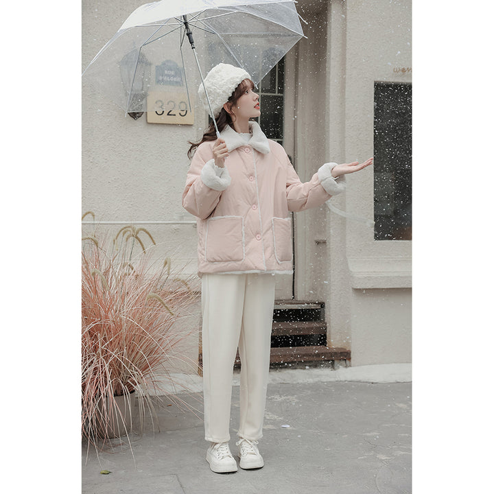 Thickened Pink Short Cotton Padded Coat for Autumn Winter