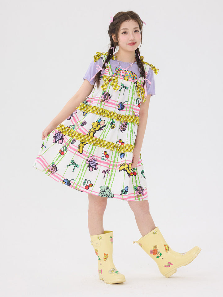 Pastel Bear Print Ruffle Bow Dress