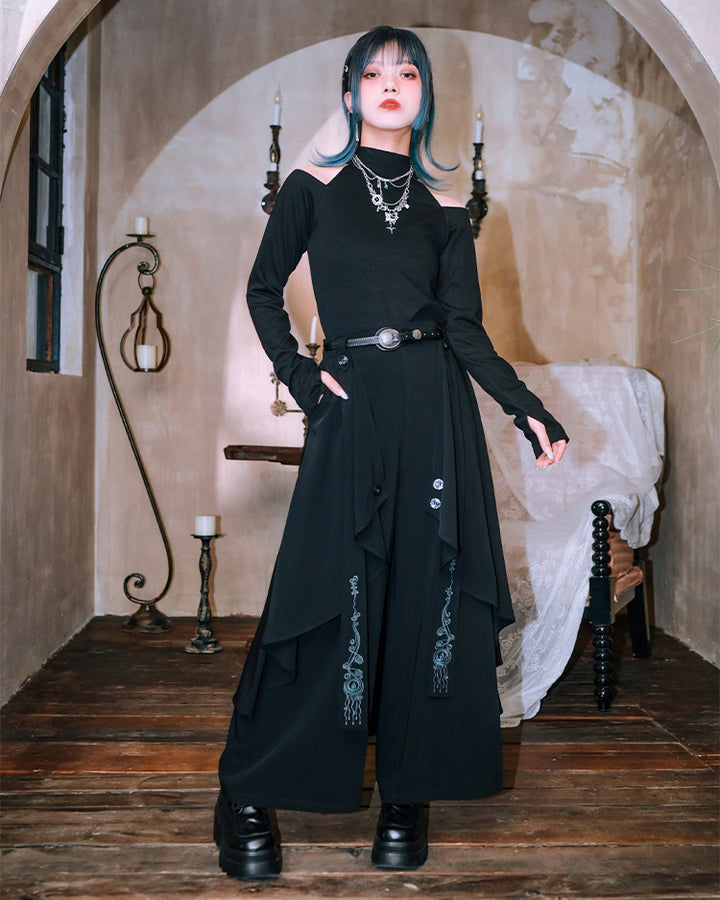 Chinese-style Embroidered Double-layer Asymmetrical Black Wide-leg Pants