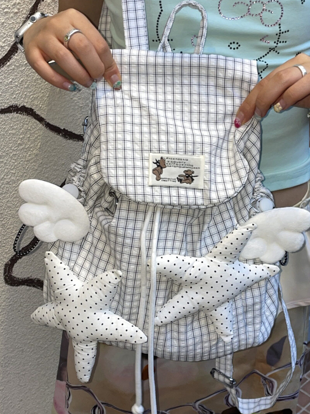 Angel Wings & Polka Dot Stars Grid Drawstring Backpack