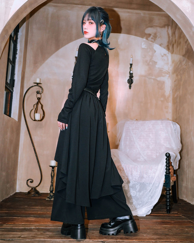 Chinese-style Embroidered Double-layer Asymmetrical Black Wide-leg Pants