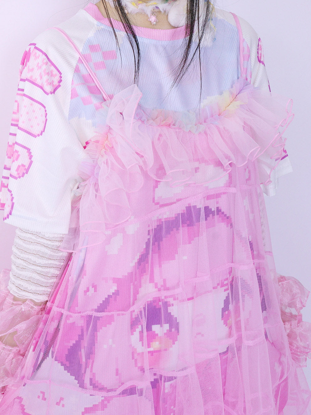 Pink Sheer Ruffle Tiered Cami Dress