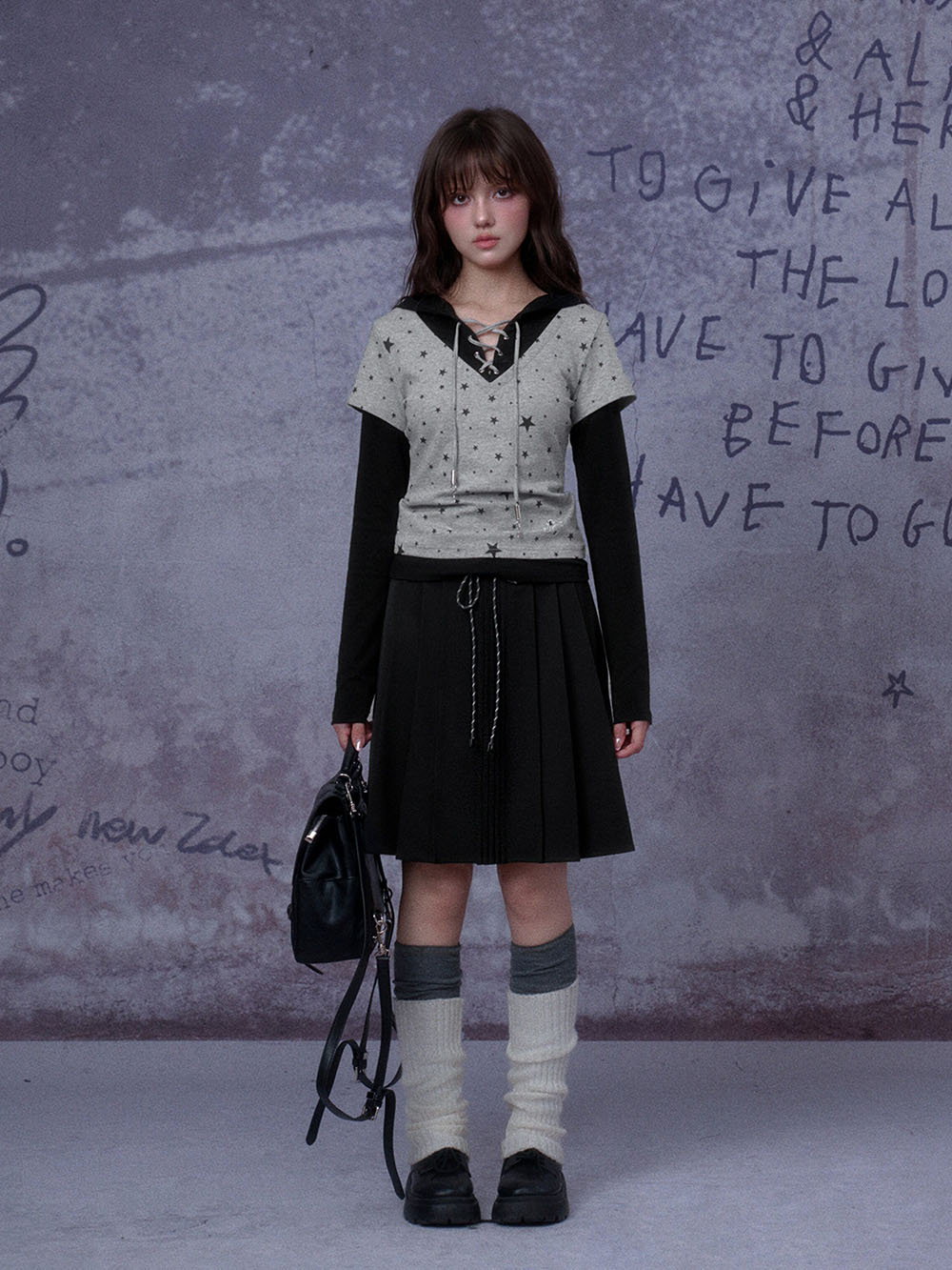 Black Contrast Waist Pleated Midi Skirt