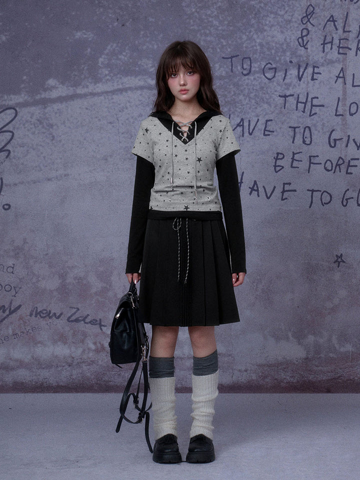 Black Contrast Waist Pleated Midi Skirt