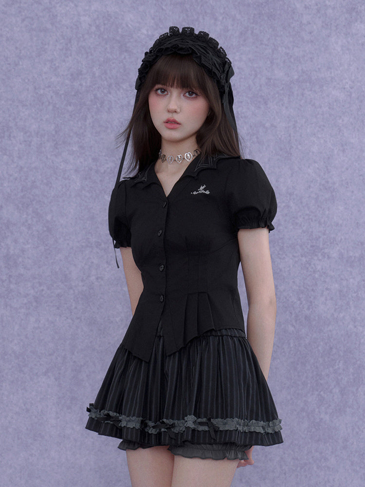 Pinstripe Ruffle Lace Bow Mini Skort