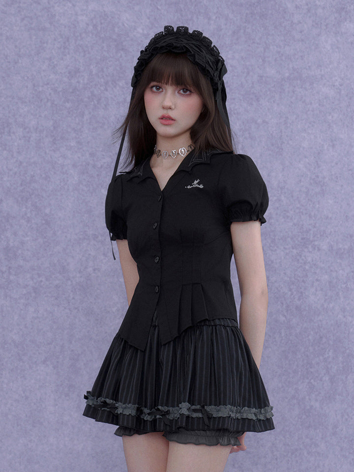 Pinstripe Ruffle Lace Bow Mini Skort