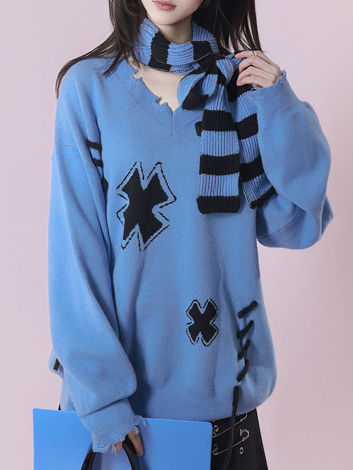 Grunge Distressed Cross Knit Sweater