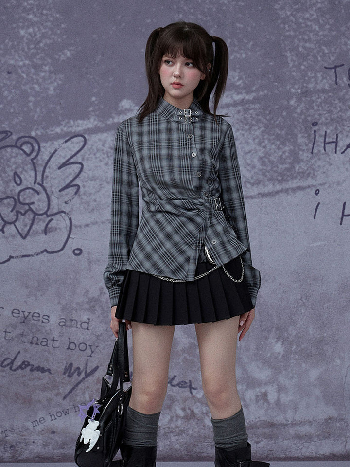 Grunge Asymmetric Plaid Buckle Neck Top